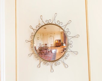 Round Convex Golden Wall Mirror, 1960s Design, Decorative Sunburst Mirror, Vintage Butler Mirror, Belgian Bullseye Mirror, Fish Eye Mirror