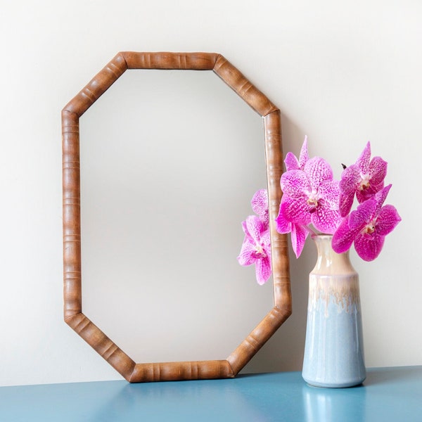 Old Faux Bamboo Mirror, Vintage Hexagon Wooden Mirror, Victorian Style Wall Mirror, Primitive Wall Hanging, Rustic Home Decor