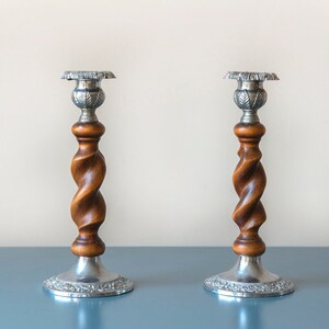 Pair of Carved Wooden Candle Holders, English Victorian Turned Candlesticks, Barley Twist Candelabra, Rustic Home Decor