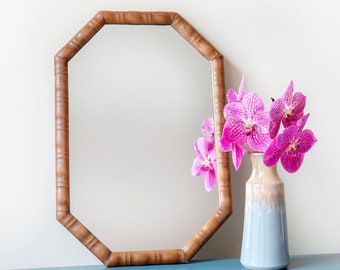 Old Faux Bamboo Mirror, Vintage Hexagon Wooden Mirror, Victorian Style Wall Mirror, Primitive Wall Hanging, Rustic Home Decor