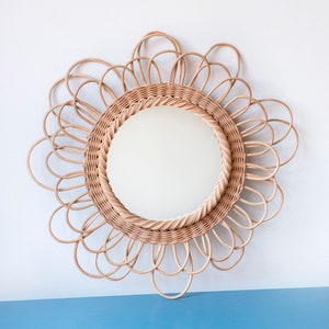 Wicker Flower Mirror, 1960s Design, French Riviera Wall Mirror, Mid Century Modern , Round Woven Rattan Mirror, Bohemian Mirror image 1