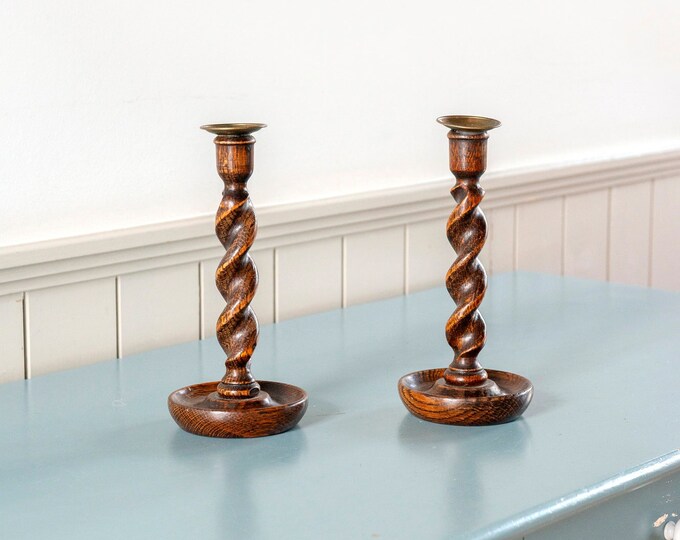 Two Oak Barley Twist Candle Holders, Antique English Turned Wooden