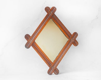 Espejo de madera con forma de diamante antiguo, pátina, espejo de pared inglés antiguo, espejo de estilo colonial, colgante de pared decorativo, hecho en Inglaterra