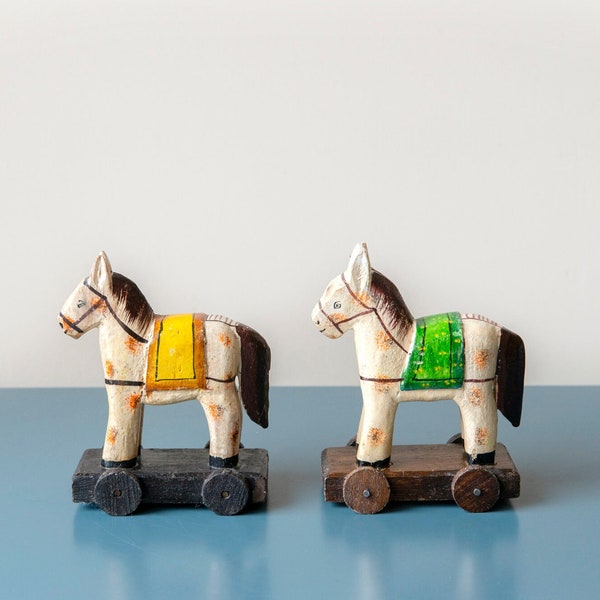 Folklore Horse Statues, Set Of 2 Wooden Pony Figurines, Hand Painted Primitive Horse Toy, Old Decorative Horse On Wheels