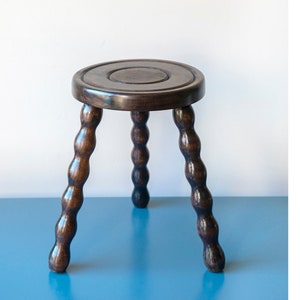 Lacquered Wooden Stool With Turned Legs, Antique Round Bobbin Side Table, Small Rustic Plant Stand, Country Home Decor