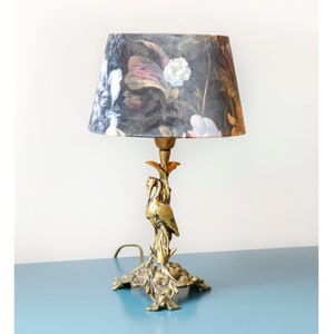 Brass Bird Lamp With Velvet Shade, Mid Century Modern, Decorative Golden Heron Lamp Foot, Hollywood Regency Desk Lamp