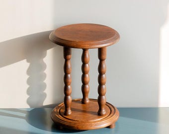 Round Stool With Turned Legs, Antique Bobbin Side Table, Rustic Oak Wooden Plant Stand, Small Side Table, Country Home Decor