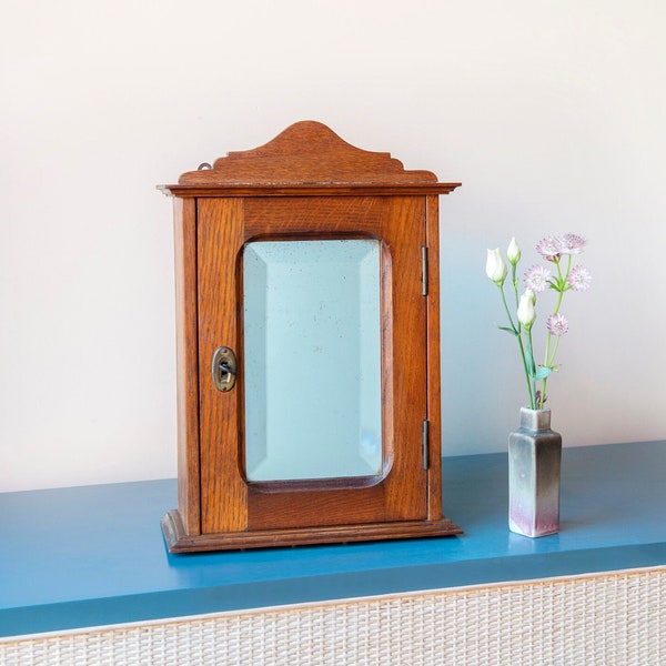 Oak Apothecary Cabinet, Beveled Glass Mirror, Antique Medicine Chest With Lock, Carved Wood Storage Unit, Bathroom Cabinet