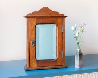 Oak Apothecary Cabinet, Beveled Glass Mirror, Antique Medicine Chest With Lock, Carved Wood Storage Unit, Bathroom Cabinet