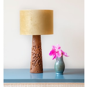 Hand Carved Indonesian Table Lamp With Velvet Shade, Mid Century Modern, 1970s Design, Bohemian Wooden Lamp, Rustic Asian Lamp