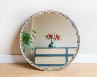 Large Frameless Mirror, Round Etched Wall Mirror, Art Deco, Made In England, Shabby Chic Mirror With Cut Glass