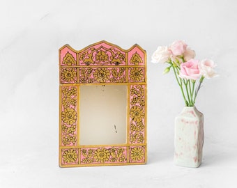 Small Peruvian Mirror, Handmade Floral Mirror, Reverse Painted Glass, Folk Art, Vintage Bohemian Wall Mirror, Rustic Home Decor