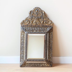 Antique Copper Mirror With Beveled Glass, Embossed Brass Cushion Mirror, 1920s Design, Hand Carved Ornate Mirror, Victorian Home Decor