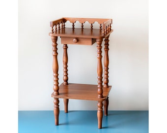 Wooden Etagere Table With Drawer, Old Telephone Table With Turned Legs, Victorian Style Side Table, Rustic Home Decor