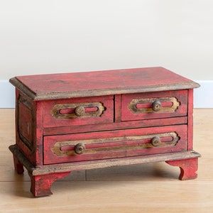 Antique Indian Cabinet, Folklore Wooden Chest, Bohemian Storage Unit, Old Desktop Organizer With Drawers, Rustic Home Decor