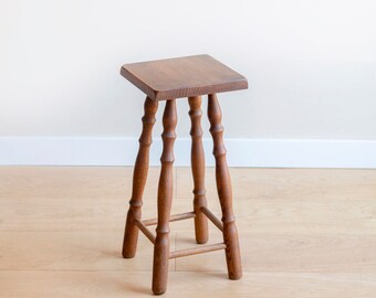 Antique Oak Stool With Hand Carved Legs, Old Square Plant Stand, Rustic Wooden Side Table, Small Farmers Stool, Country Home Decor