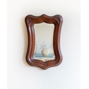 Mahogany Wooden Mirror With Scalloped Frame, Antique Art Nouveau Mirror, Hand Carved Frame, Victorian Wall Hanging