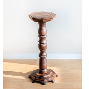 Vintage Pedestal Table, Octagonal Wooden Side Table, Turned Foot, Marquetry Wood Inlay, Tall Hand Carved Plant Stand, Victorian Home Decor