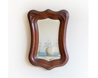 Mahogany Wooden Mirror With Scalloped Frame, Antique Art Nouveau Mirror, Hand Carved Frame, Victorian Wall Hanging