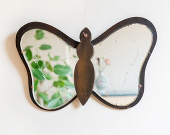 Art Deco Butterfly Shaped Mirror With Hook, Old Wooden Wall Mirror, Key Hanger, Antique Dutch Wall Hanging, Shabby Chic