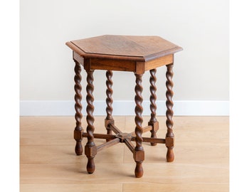 Oak Hexagon Table With Turned Legs, Antique Coffee Table, Barley Twist, Hand Carved Wooden Side Table, Plant Stand, Country Home Decor