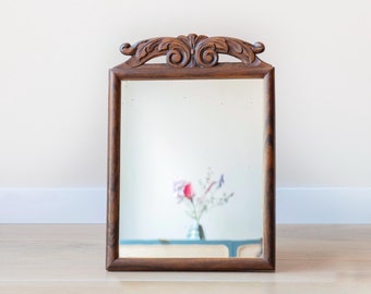 Antique Wall Mirror With Ornament, Oak Wooden Mirror, Hand Carved Frame, Victorian Wall Hanging, Country Home Decor