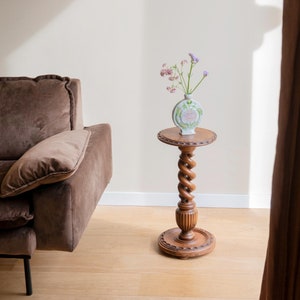 Oak Wooden Pedestal Table, Barley Twist Side Table, Round Victorian Plant Stand, Hand Carved Tall Table, Rustic Home Decor