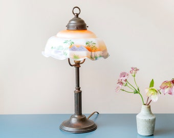 Art Deco Lamp With Milk Glass Shade, Antique Copper Desk Lamp, Scalloped Glass Table Lamp, Rustic Home Decor
