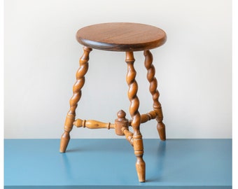 Antique Round Stool With Turned Legs, Old Farmers Stool, Barley Twist, Rustic Wooden Plant Stand, Hand Carved Side Table