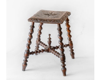 Antiker handgeschnitzter Tisch, Barley Twist Hocker, Beistelltisch aus Holz aus dem 19. Jahrhundert, dunkelbrauner Pflanzenhocker mit gedrechselten Beinen, Landhausdekoration