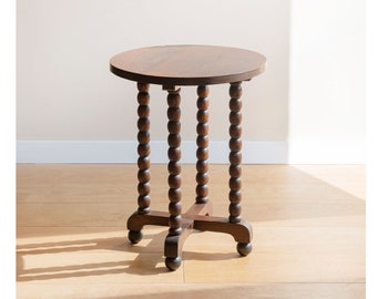 Antique Bobbin Side Table, Oak Coffee Table With Turned Legs, Round Art Deco Console Table, Old Wooden Plant Stand