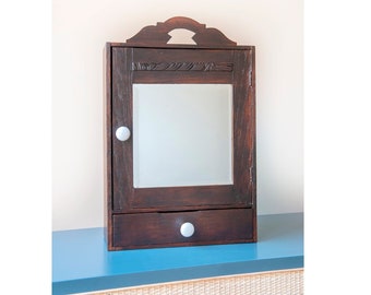 Apothecary Cabinet With Beveled Glass Mirror, Antique Bathroom Cabinet, Lacquered Medicine Chest, Dark Brown Wooden Storage Unit