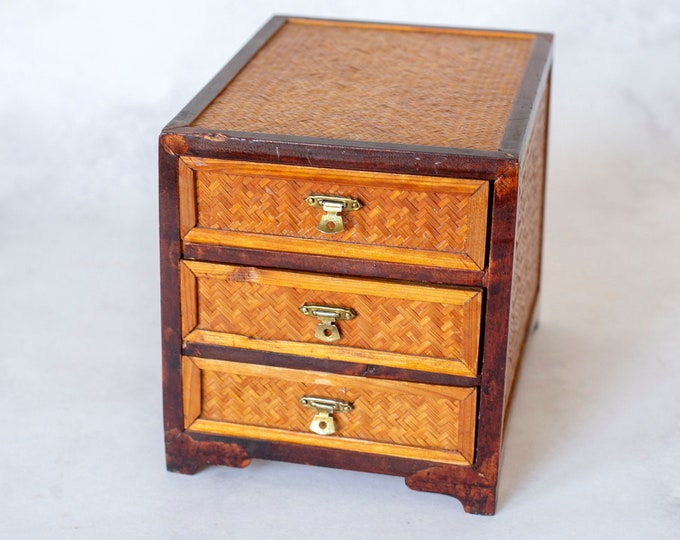 Antique Rattan With 3 Drawers Sewing Box Old Etsy