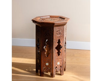 Antique Moorish Side Table, Old Hand Carved Wooden Tea Table, Octagonal Bohemian Plant Stand, Handmade African Table