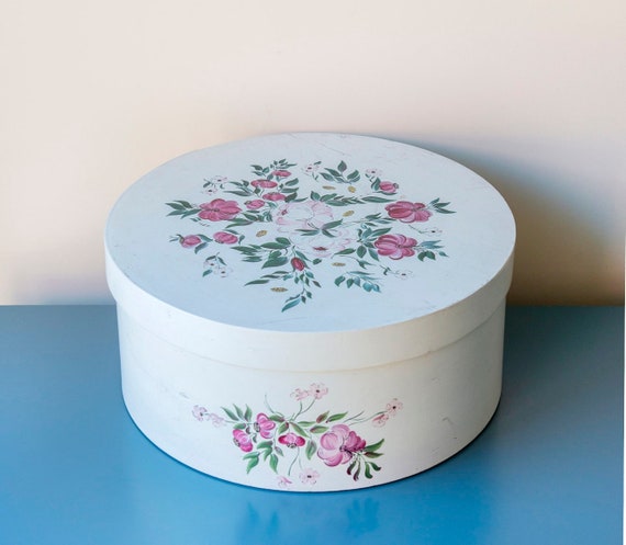 Old French Floral Hat Box Hand Painted Decorative Storage 