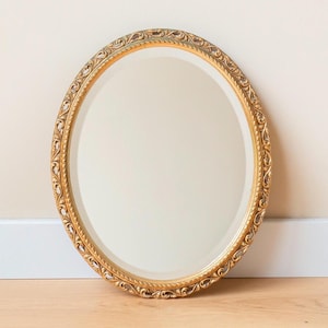 Oval Gold Mirror With Beveled Glass, Decorative Dutch Mantle Mirror, Small Baroque Ornate Mirror, 1960s Wall Mirror