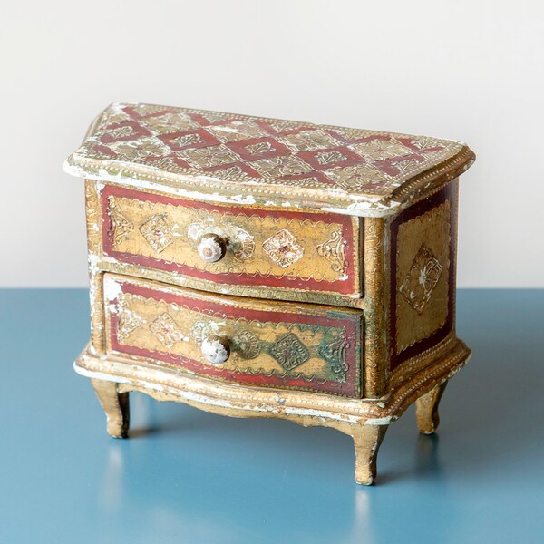 Small Italian Cabinet With 2 Drawers, Old Gilded Florentine Storage Unit, Footed Jewelry Box, Made In Italy
