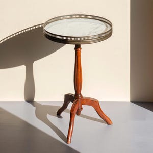 French Round Side Table, Wood Wine Table, Marble Top, Brass Edge, Louis XVI Style, Antique Coffee Table