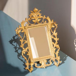 Antique Brass Table Mirror, Decorative Standing Mirror, Baroque Vanity Mirror, Golden Ornate Mirror, Rococo Home Decor