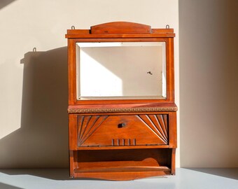 Armoire murale ancienne hollandaise Art Nouveau - Armoire à miroir géométrique en chêne - Influence Art Déco ancienne