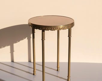 Brass Round Side Table - Hollywood Regency Plant Stand - Vintage Gold Accent Table - 1950s