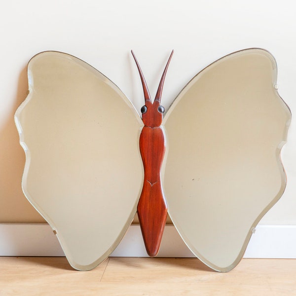 Grand miroir en forme de papillon, Art déco, miroir mural en bois hollandais avec verre biseauté, miroir de manteau antique