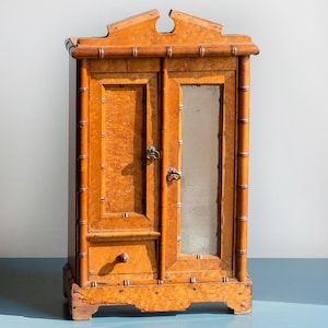 Faux Bamboo Medicine Chest With Mirror, Antique French Storage Unit, Rustic Small Wooden Cabinet, Made In France