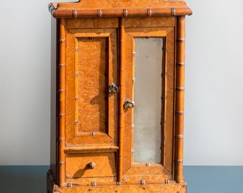 Faux Bamboo Medicine Chest With Mirror, Antique French Storage Unit, Rustic Small Wooden Cabinet, Made In France