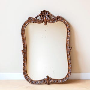 Antique Hand Carved Mirror, Large Wooden Mirror, Dark Brown Mantle Mirror, Victorian Wall Hanging, Old Ornamental Mirror