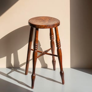 Op de afbeelding: Een donkerbruine houten kruk met een ronde zitting en vier gedraaide poten. De poten zijn voorzien van decoratieve ringdetails en worden verbonden door een centrale kruisvormige steunstructuur. De houtnerf is zichtbaar op de zitting.
