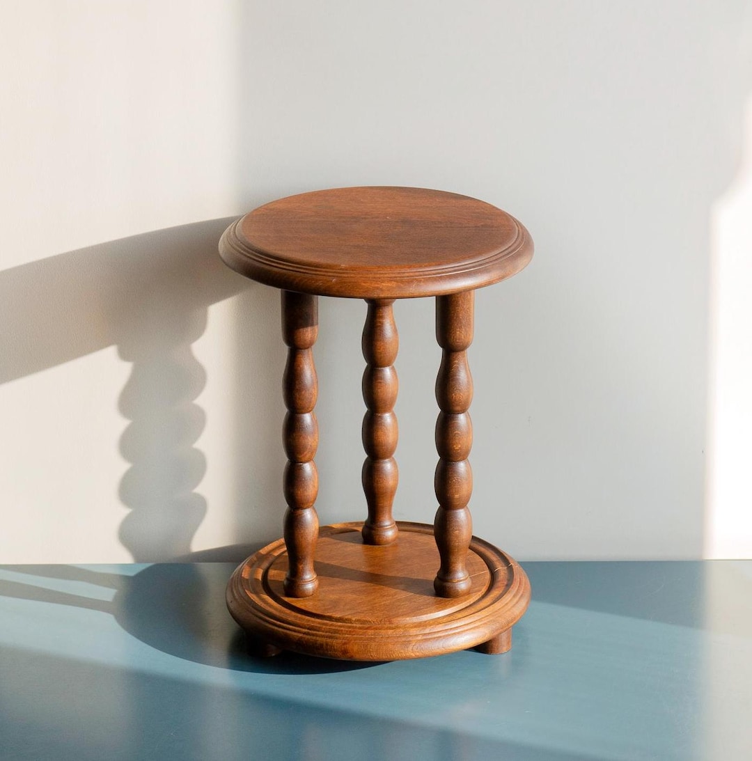Round Stool With Turned Legs, Antique Bobbin Side Table, Rustic Oak ...