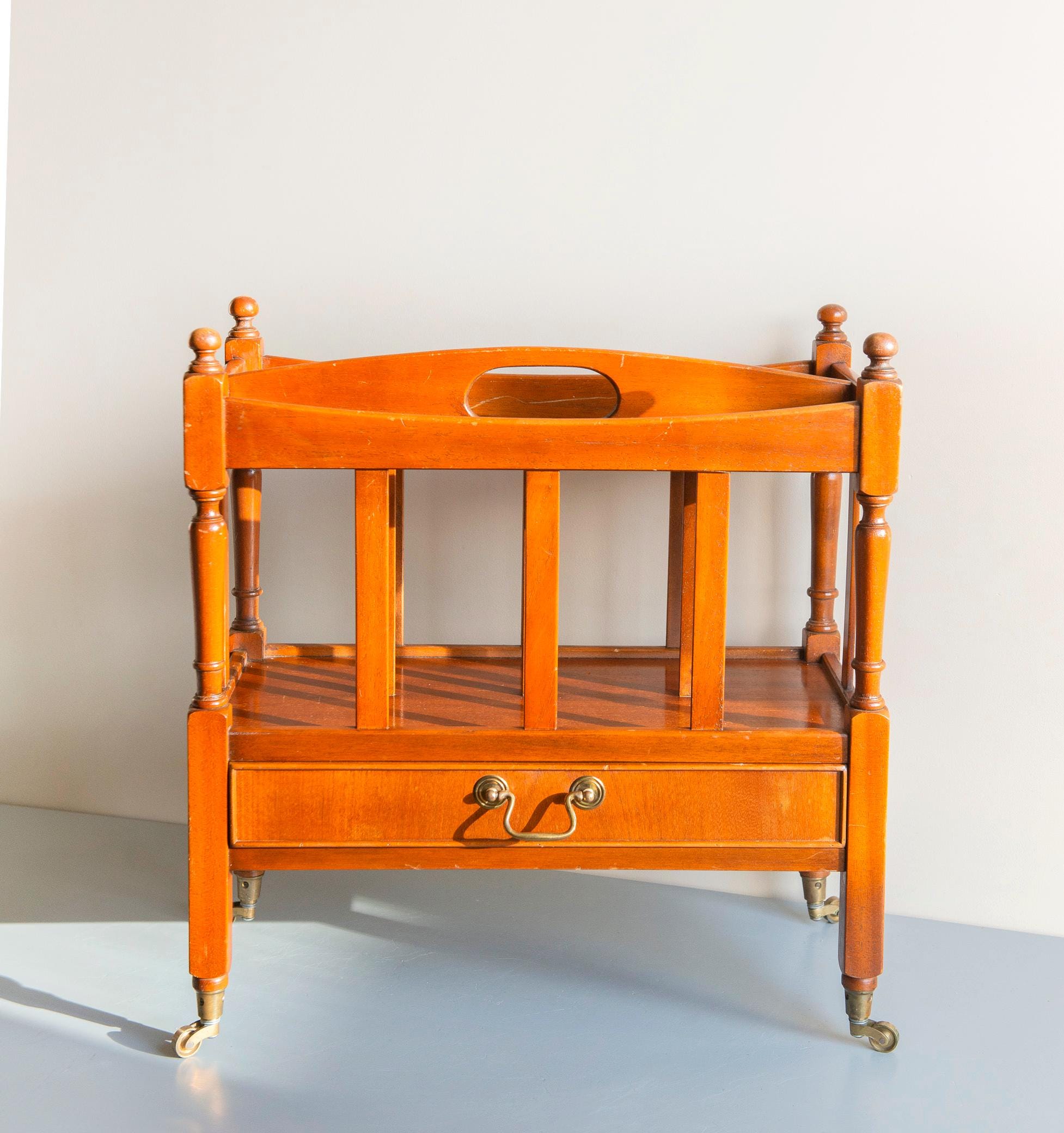 Magazine Rack Trolley Vintage Wooden Magazine Rack Trolley With Drawer and Wheels - Mid ...