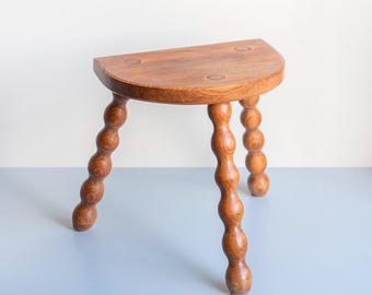 Vintage French Oak Bobbin Stool – Turned Legs – Half-Moon Plant Stand - Half Round Top