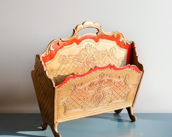 Italian Magazine Rack, Florentine Book Storage Unit, 1960s Design Storage Rack, Vintage Footed Newspaper Stand, Baroque Home Decor